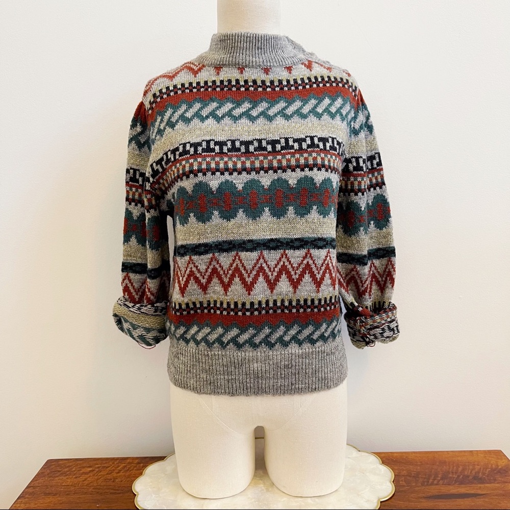 Vintage Spinner II Gray Brown Knit Ski Chalet Preppy Puffed Sleeve Sweater Sz S